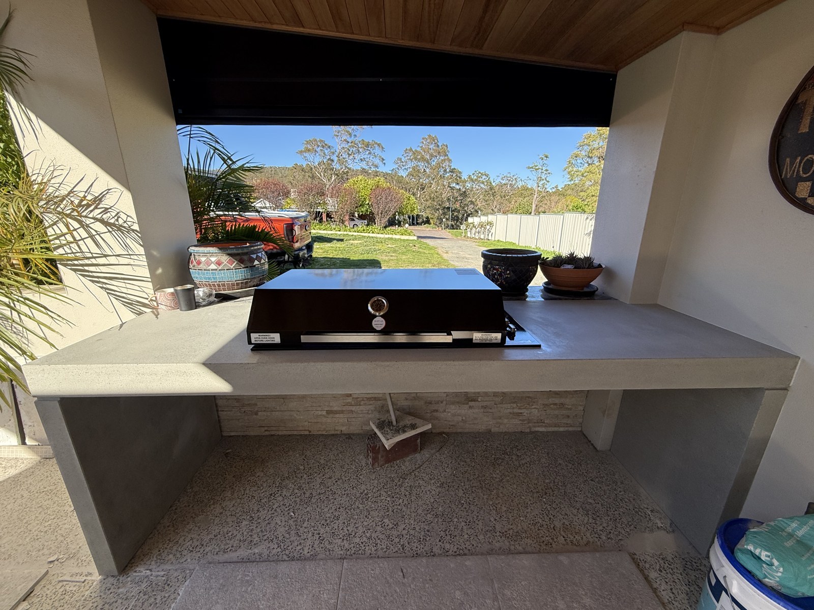 Barbecue benchtop: A front view during installation.