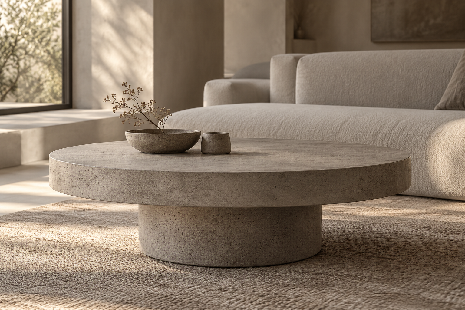Illustrative sculptural round concrete-look coffee table