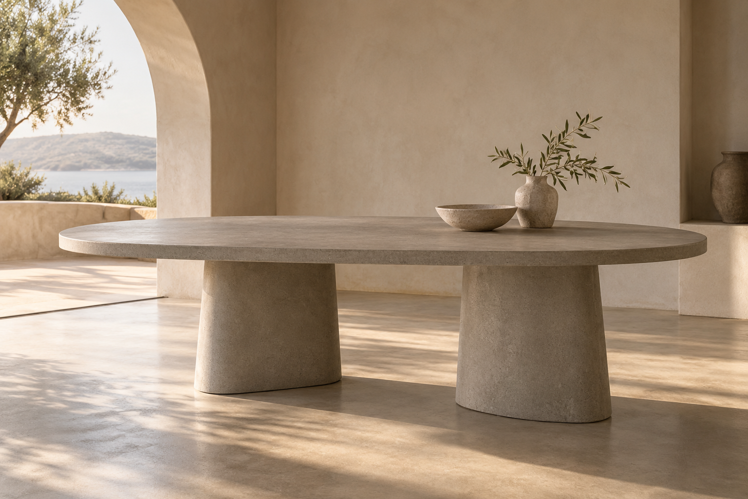 Illustrative oval concrete-look dining table, not an existing GR Custom Crete product