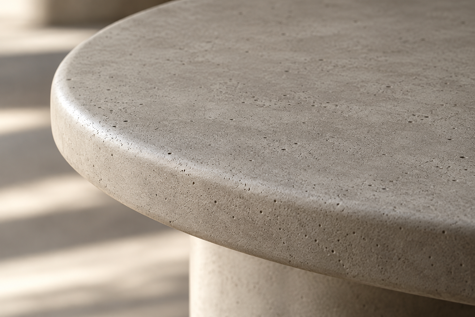 AI-generated close-up illustrating the texture and rounded edge of a concrete-look table